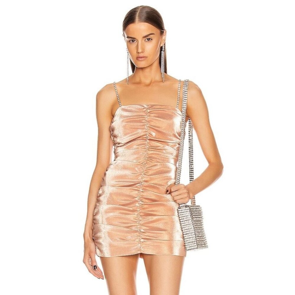 AREA Shirred Mini Dress in Nude Pink Shimmer size Medium